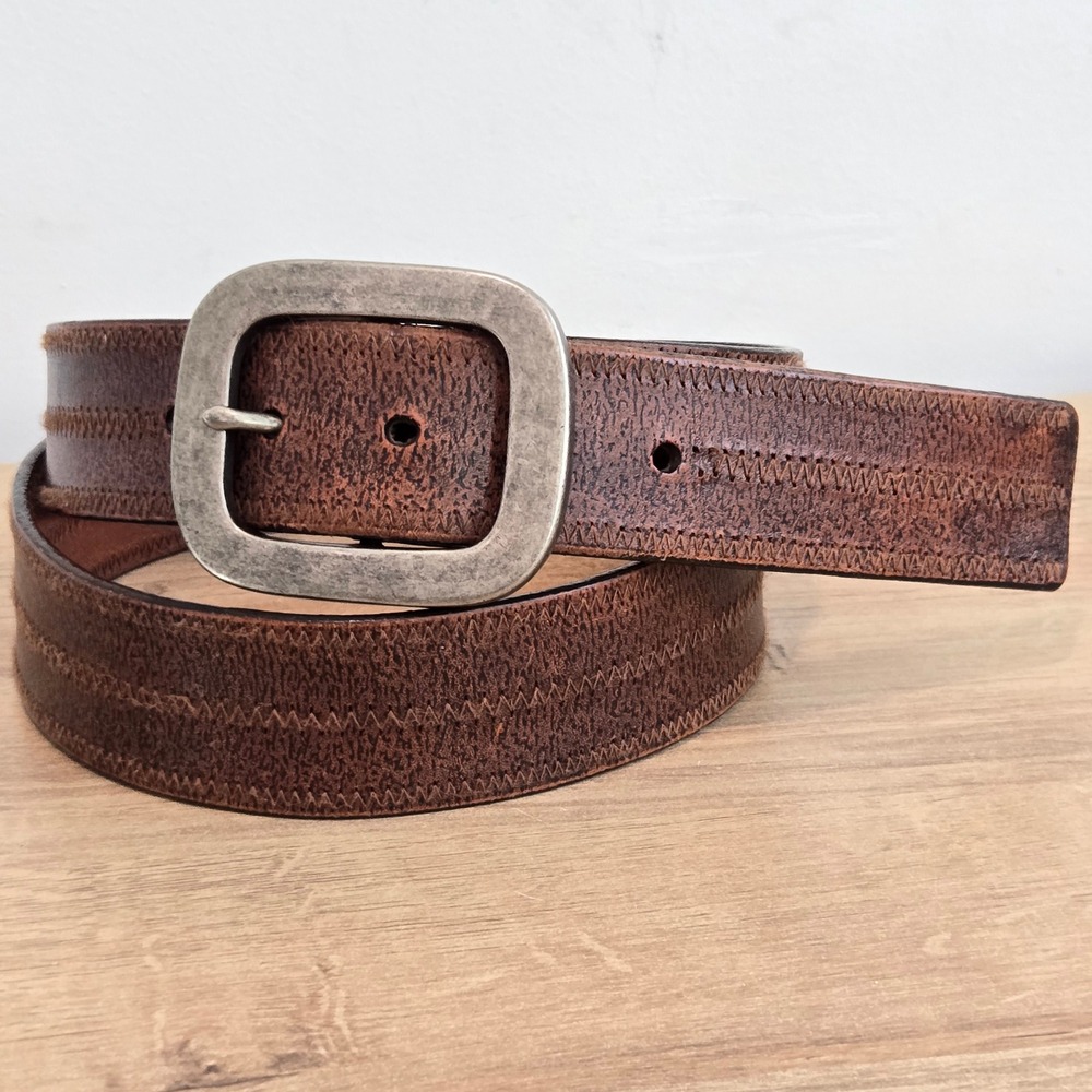 Buckle Mens Brown Belt Size 40 Leather Distressed Rustic Holes 38-42 silver Hdwe